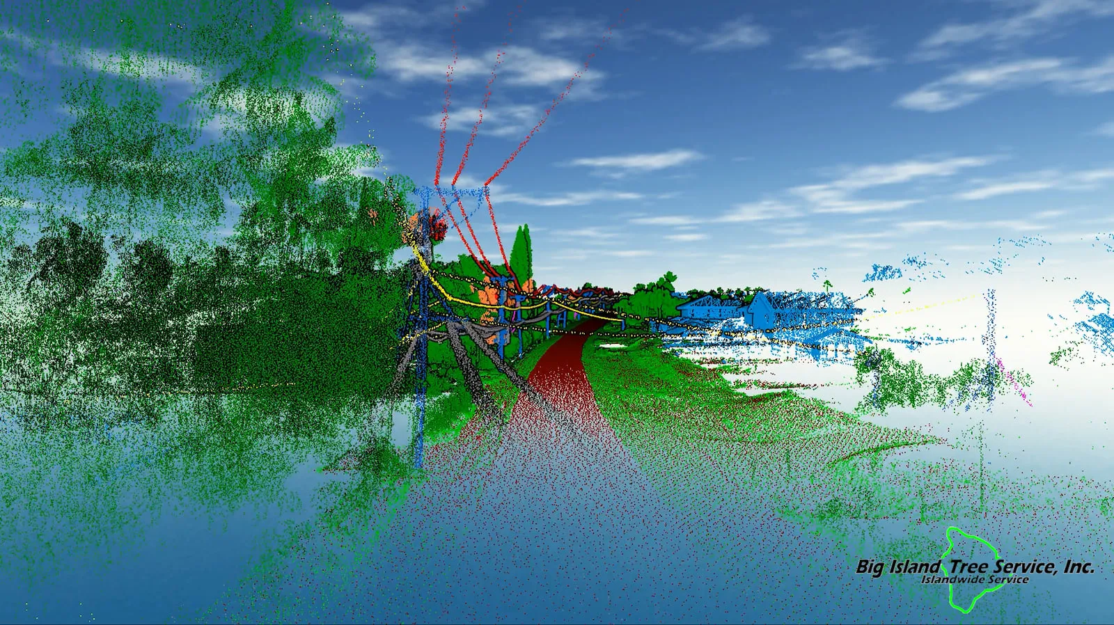 Classified point cloud of Aliʻi Drive in Kona from the 2024 demonstration flight: trees in green, the modeled line sag in red, vegetation near the lines in orange, buildings as blue points, and the Big Island Tree Service logo.