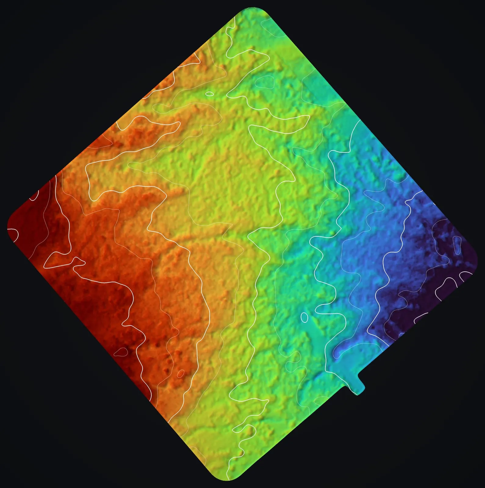 Bare earth model of the whole Mountain View lot with the forest stripped away, colored from blue on the low ground to dark red on the high ground, with unlabeled contours every 10 ft winding across it.