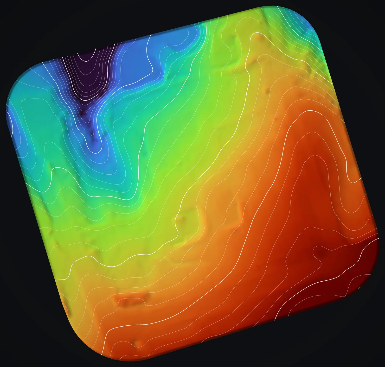 Bare earth model of the Haʻikū site colored from deep blue in the low gully through green and yellow to dark red on the high ground, with unlabeled contours every 2 ft.