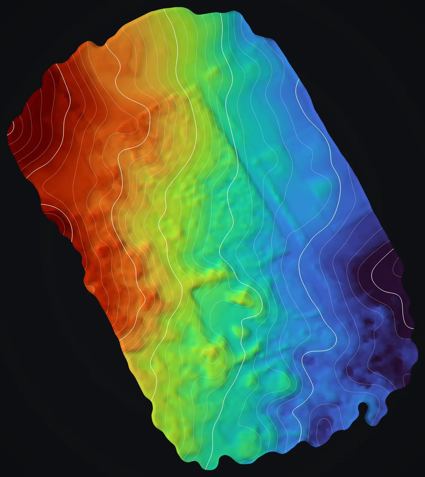 Bare earth model of the Volcano flight with the forest stripped away, colored from dark red on the high ground through yellow and green to deep blue on the low ground, with unlabeled contours every 2 ft.