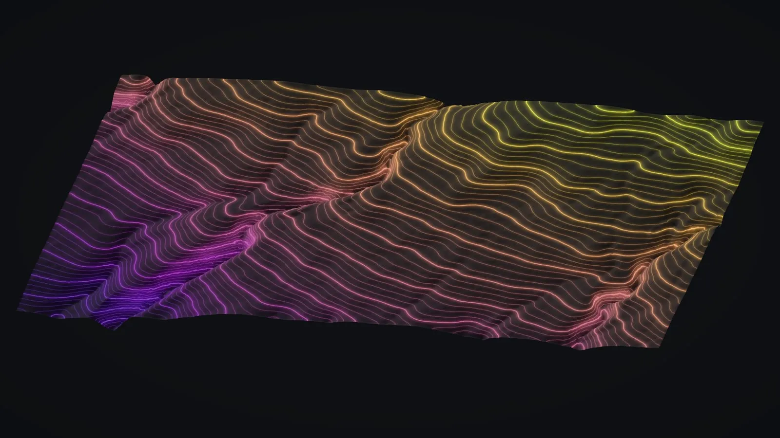 The gullies of the Koaiʻa trail corridor on the Kohala slopes shown in 3D as glowing contour lines, colored by elevation from purple through orange to yellow.