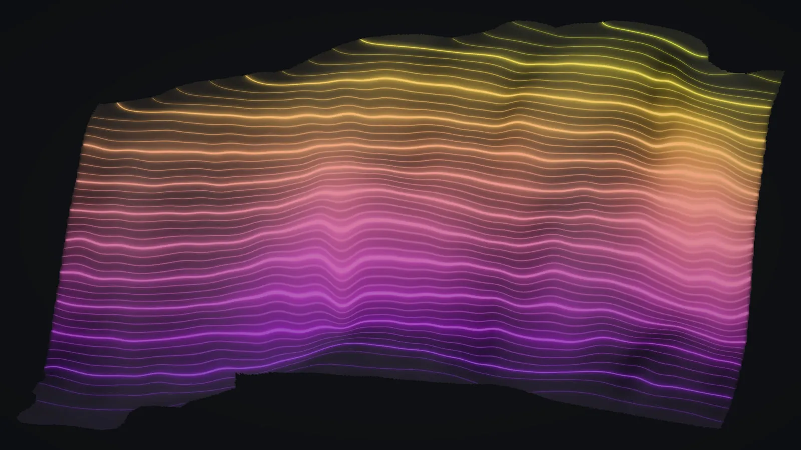 Contours drawn as glowing lines stacked up the face of a sea cliff on the Big Island, colored from violet at the foot to yellow at the top edge, with no labels.