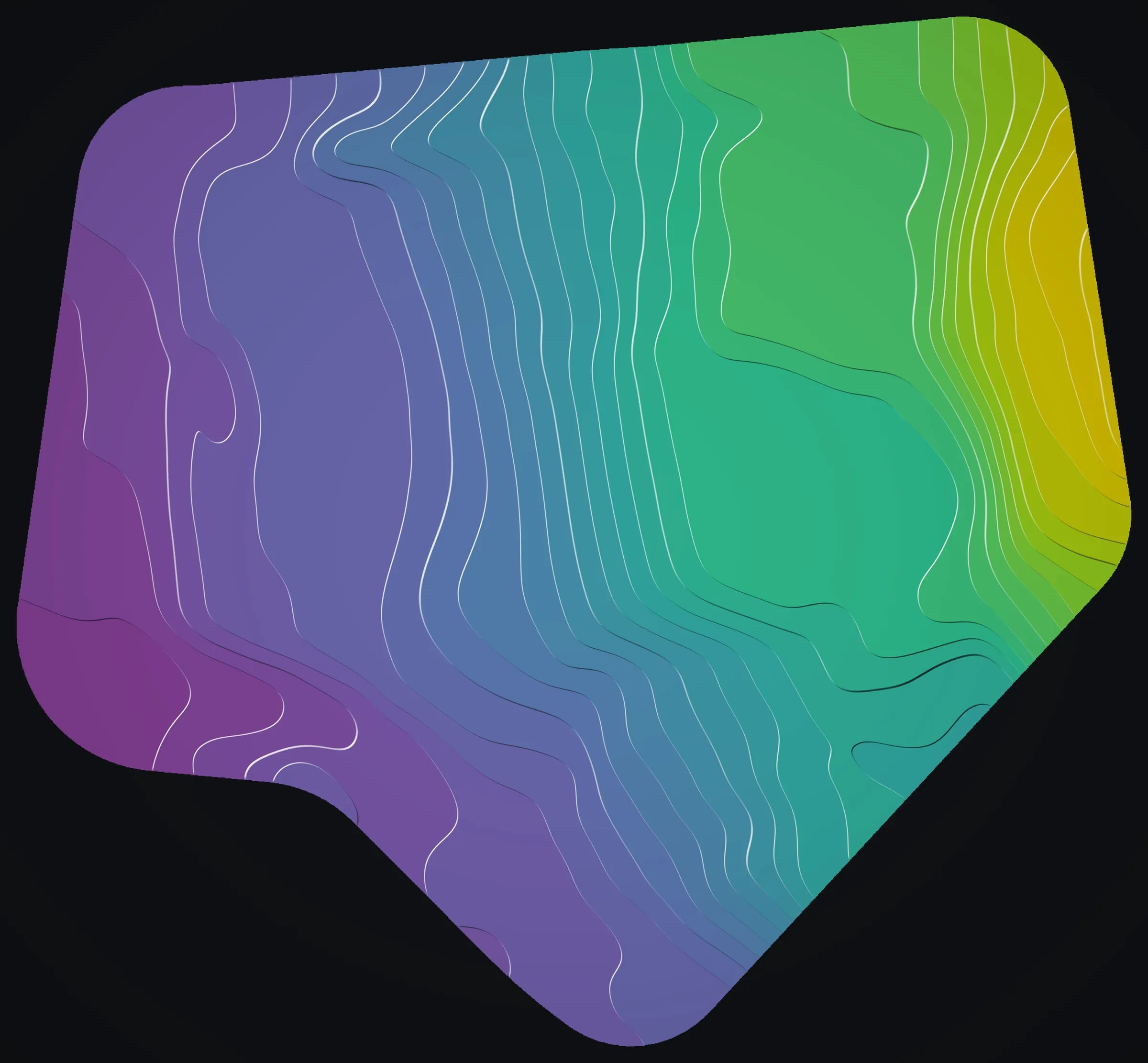 The parcel as illuminated contours every 5 ft from above, each line lit where it faces the light, over bands of color from purple low to yellow high.