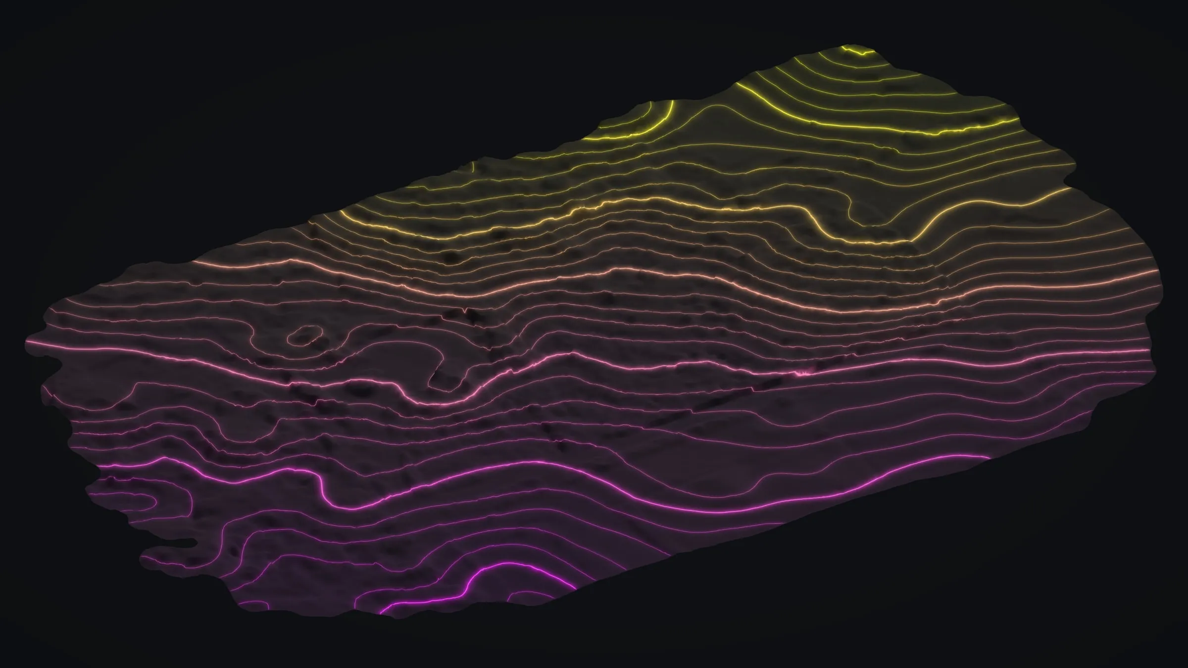 The bare ground of the Volcano parcel in 3D as glowing contour lines, magenta on the low side through orange to yellow on the high side.