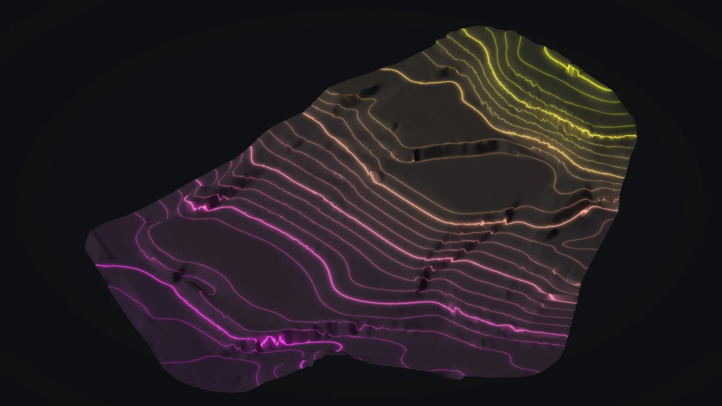 A terraced hillside in North Kona drawn as glowing contour lines in 3D, magenta on the low ground to yellow on the high ground.