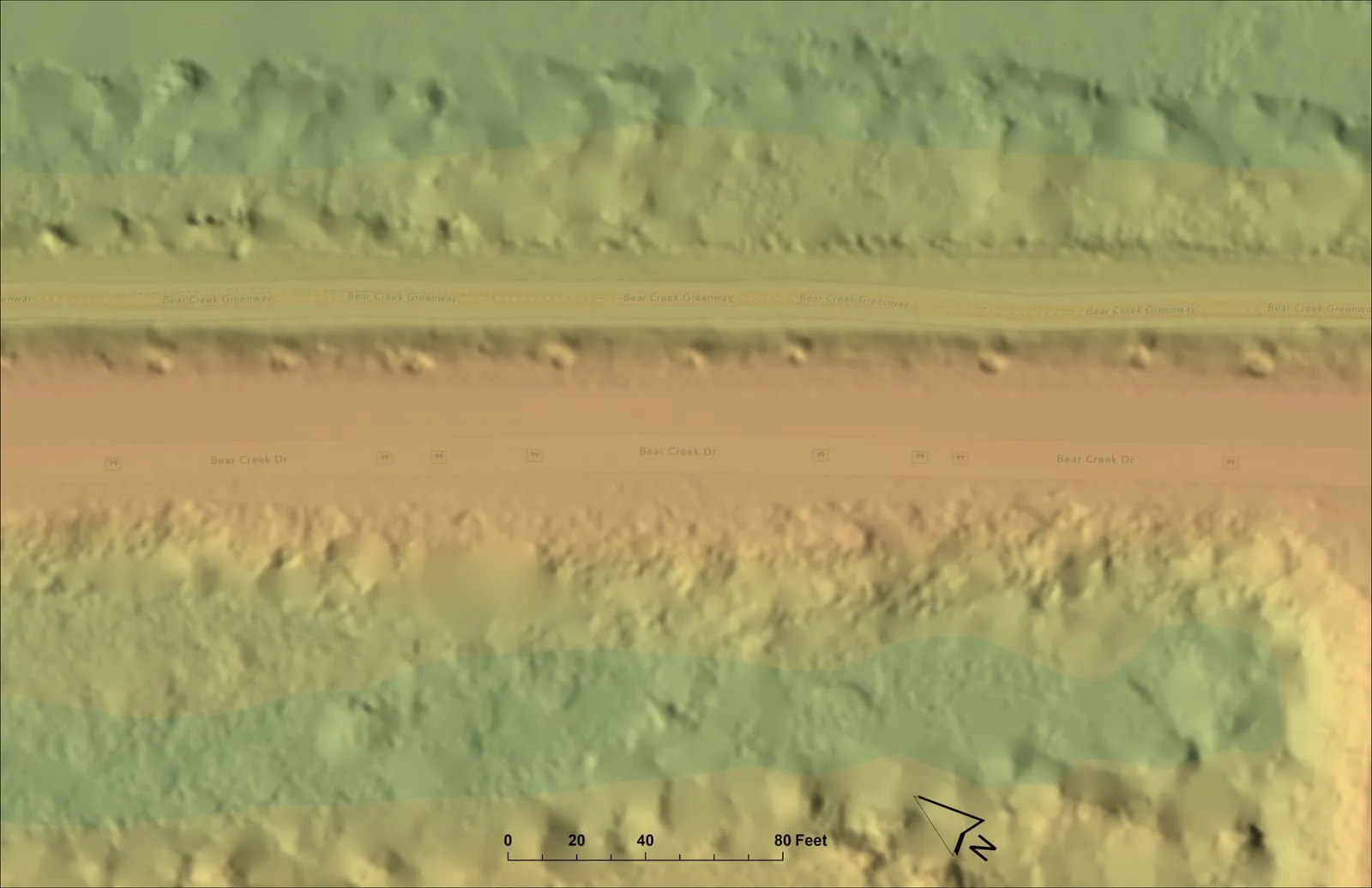 Bare-earth terrain model of a utility corridor.