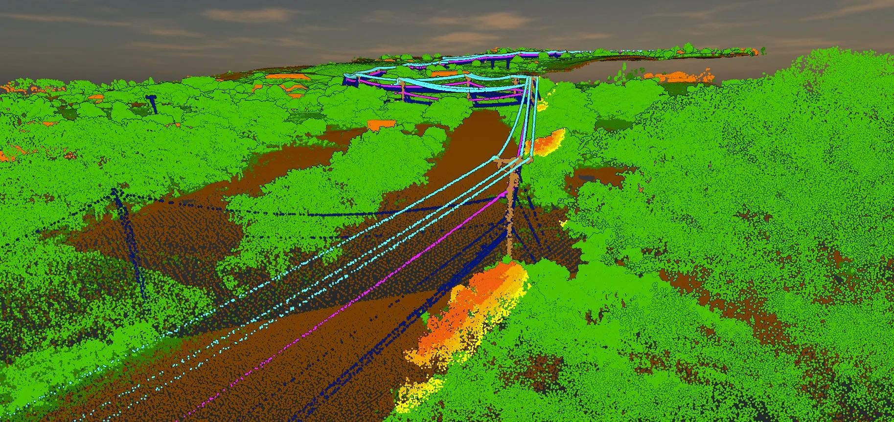 Classified LiDAR point cloud of a power line corridor on Hawaiʻi Island, vegetation near the wires flagged in orange and yellow.