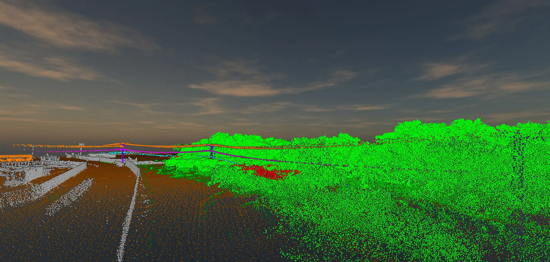 Classified drone LiDAR of a power line corridor near Kawaihae against an evening sky backdrop: ground in brown, trees and brush in green, the wires in orange and magenta on their poles, walls and buildings as grey points, and a small patch in red beneath the wires.