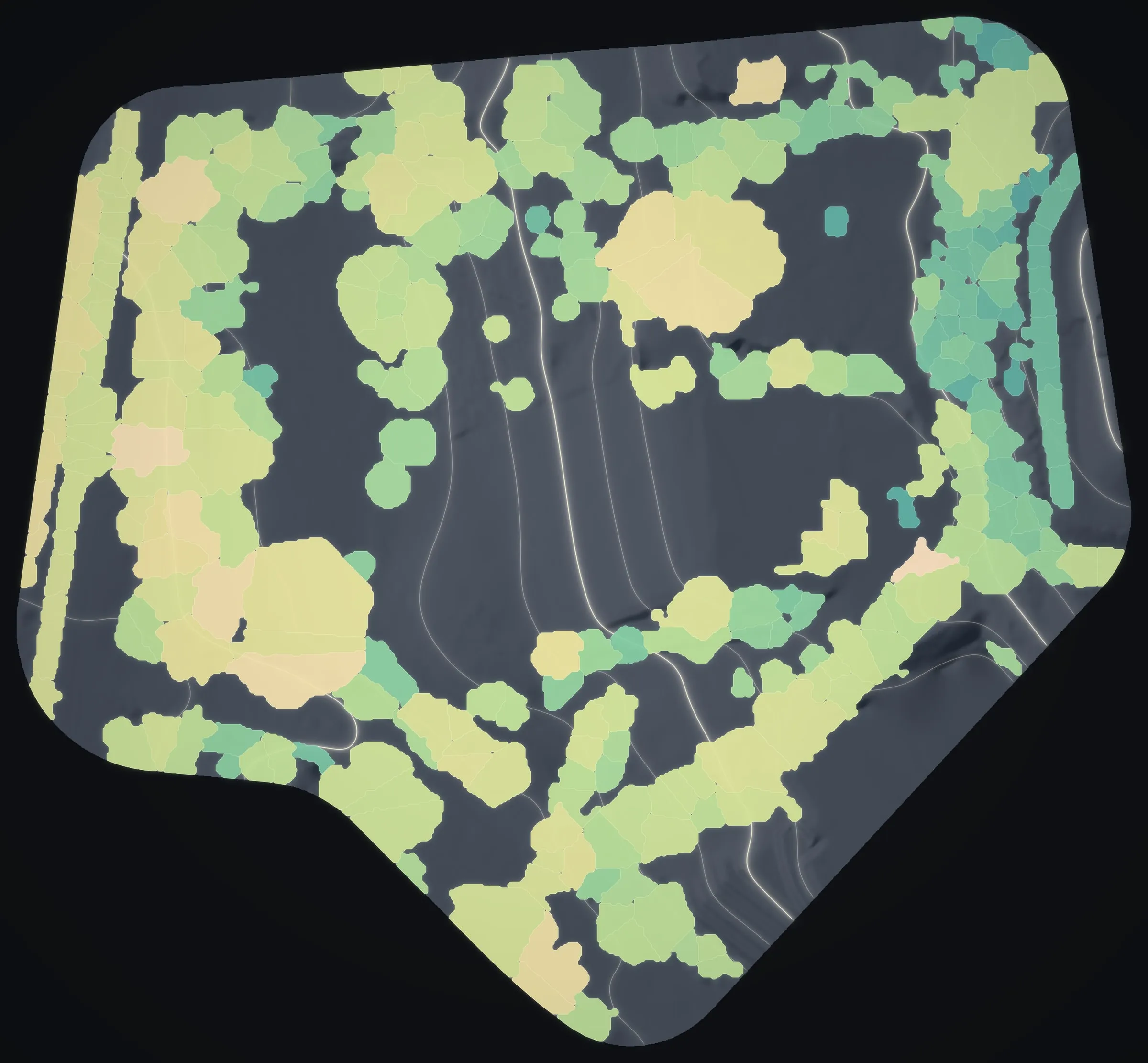 The 303 tree crowns found on the parcel, filled by their measured height in pastel colors over the dark ground and contours.