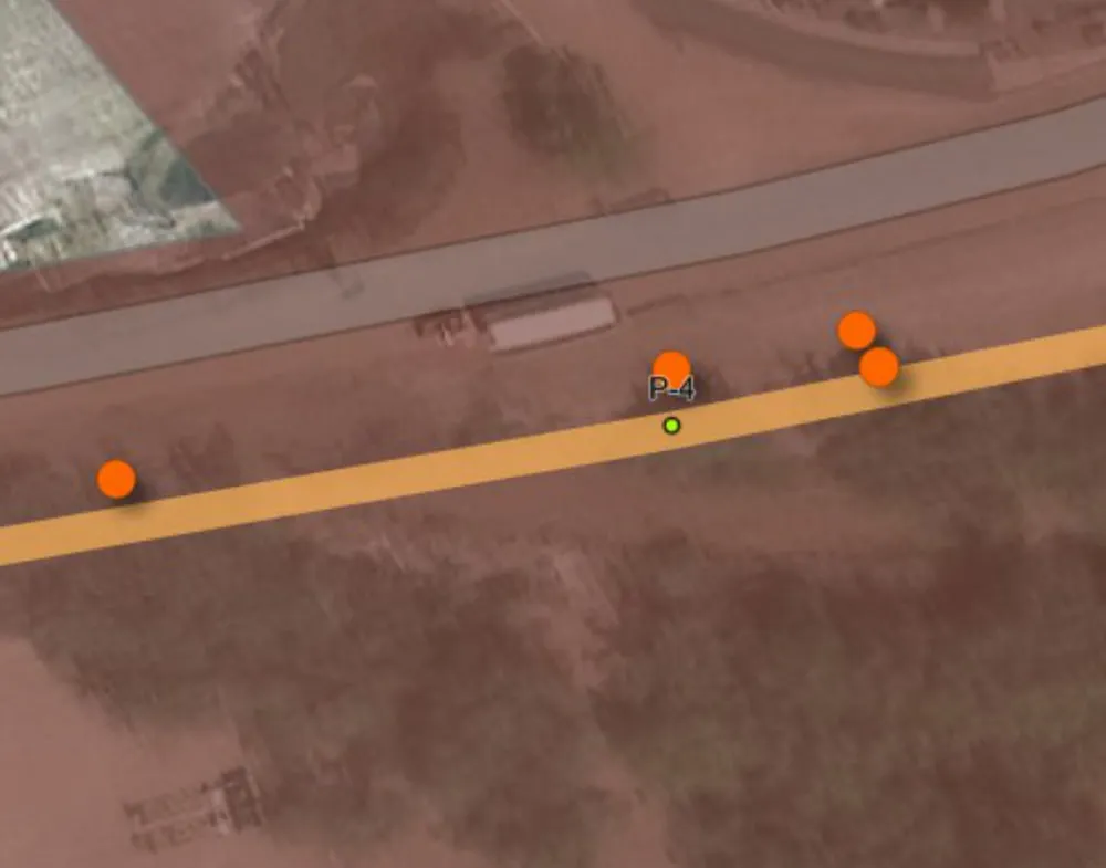 The program's web map over aerial imagery near Kawaihae on March 13, 2025: a road with a truck and trailer on its shoulder, and a power line drawn in orange with four orange encroachment points along it, one beside a pole, all under the reddish shading of a Tier 3 zone.
