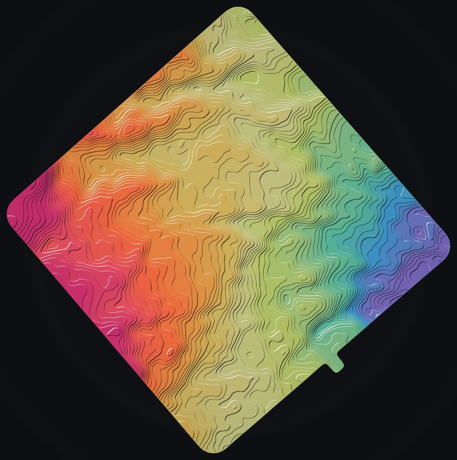 The Mountain View bare earth as illuminated contours, each line lit where it faces the light over soft color bands.