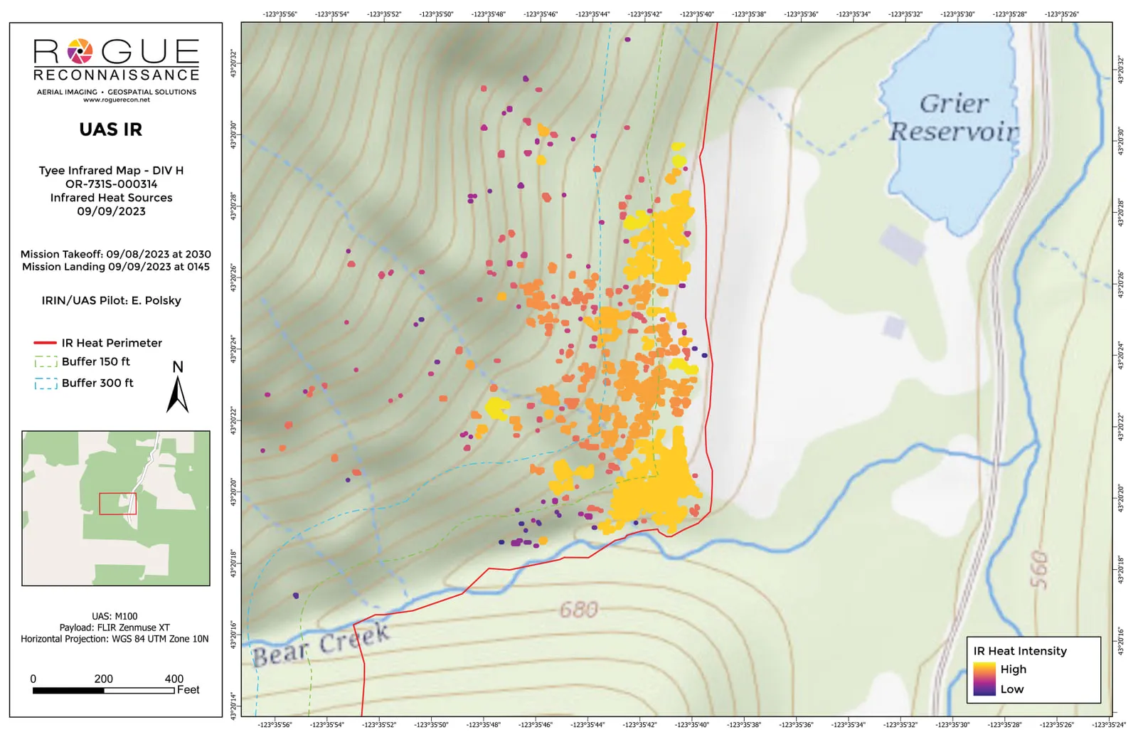 A closer infrared map sheet: dense clusters of heat coloured yellow, orange and purple against brown contour lines, a creek and a reservoir, with the red heat perimeter and dashed mopup buffers at 150 and 300 feet.