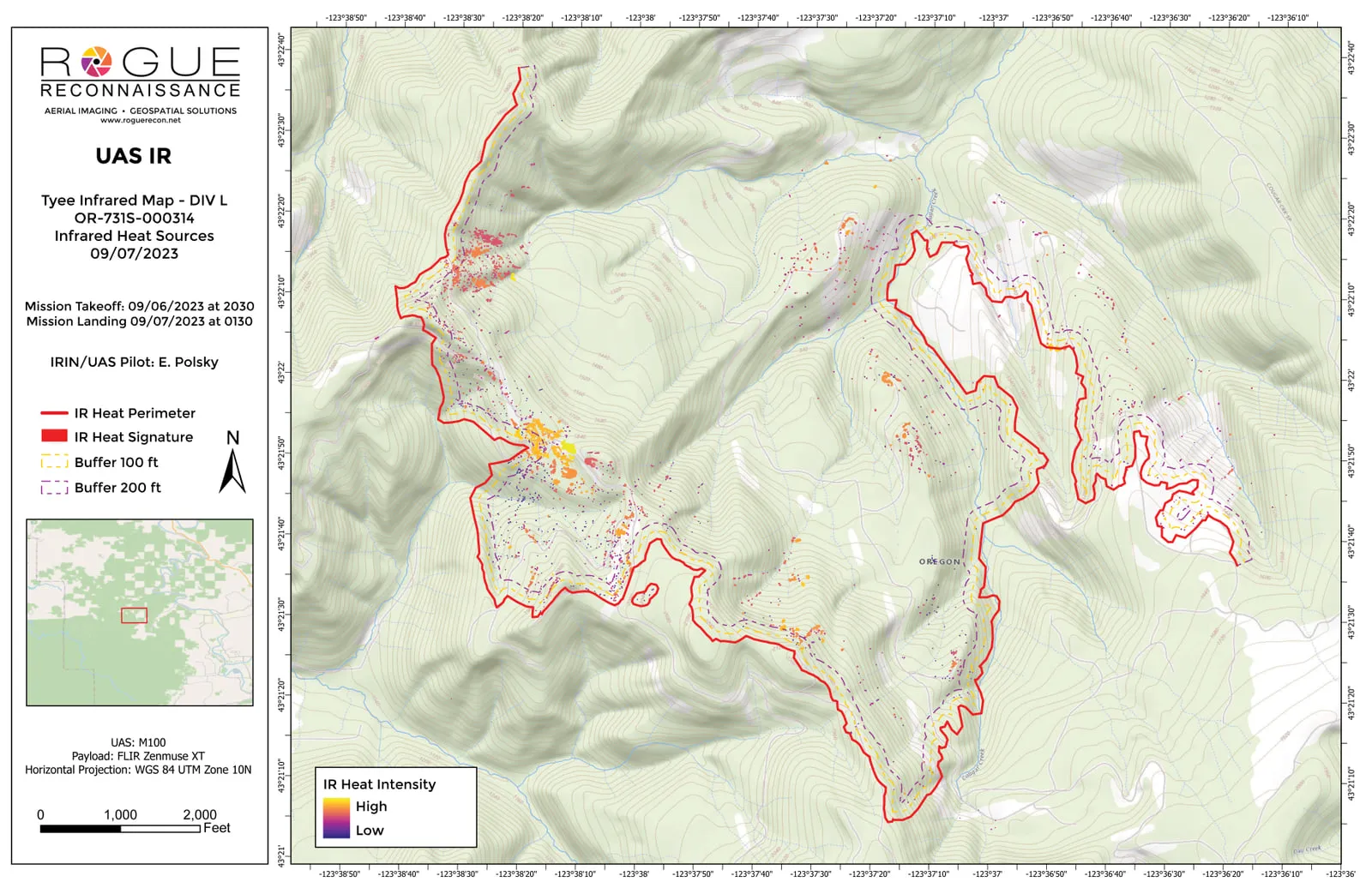 An infrared map sheet on a topographic base: a red heat perimeter over shaded ridges and contour lines, clusters of heat coloured from yellow for high to purple for low, and two dashed mopup buffers at 100 and 200 feet inside the line.