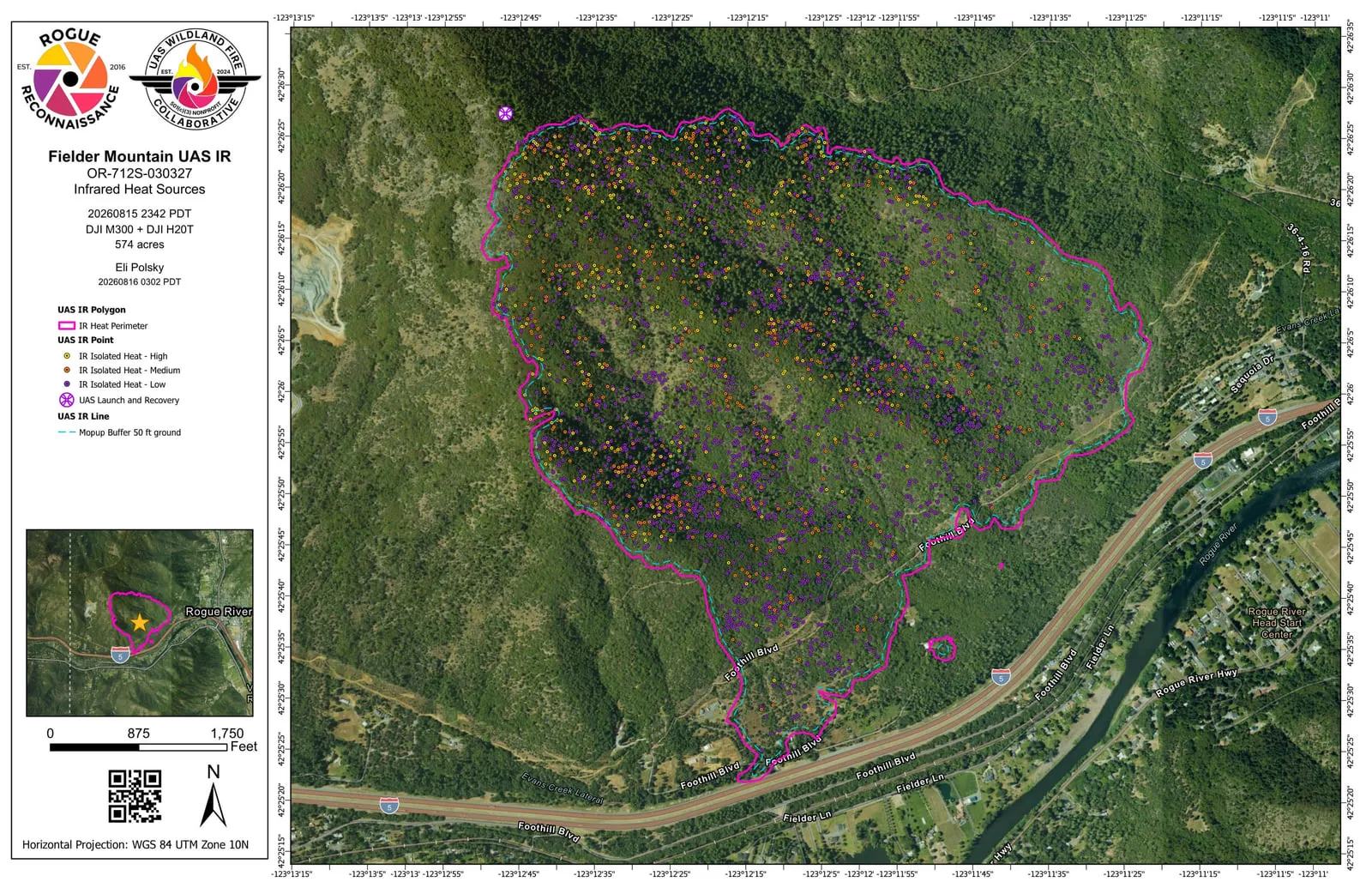 A delivered infrared map sheet: a bright pink heat perimeter drawn around a whole fire on a forested slope, filled with thousands of small dots graded yellow, orange and purple for high, medium and low heat, a dashed mopup buffer just inside the perimeter, the launch and recovery point marked, and a title block carrying the legend, the scale and the north arrow.
