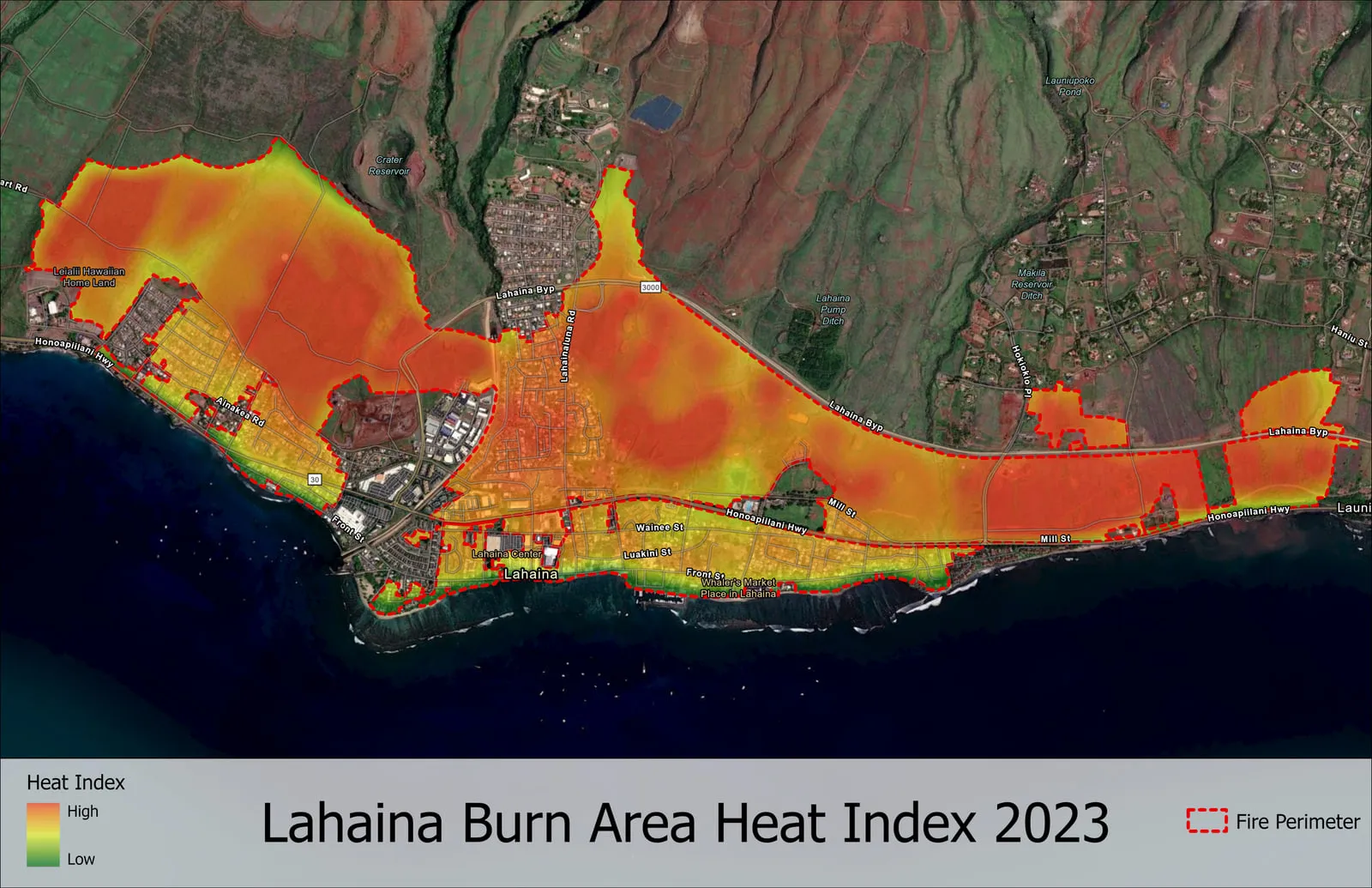 Map titled Lahaina Burn Area Heat Index 2023: over aerial imagery of Lahaina and the West Maui coast, a dashed red fire perimeter encloses a surface colored from red for a high heat index to green for a low one, with road and place labels and a legend.
