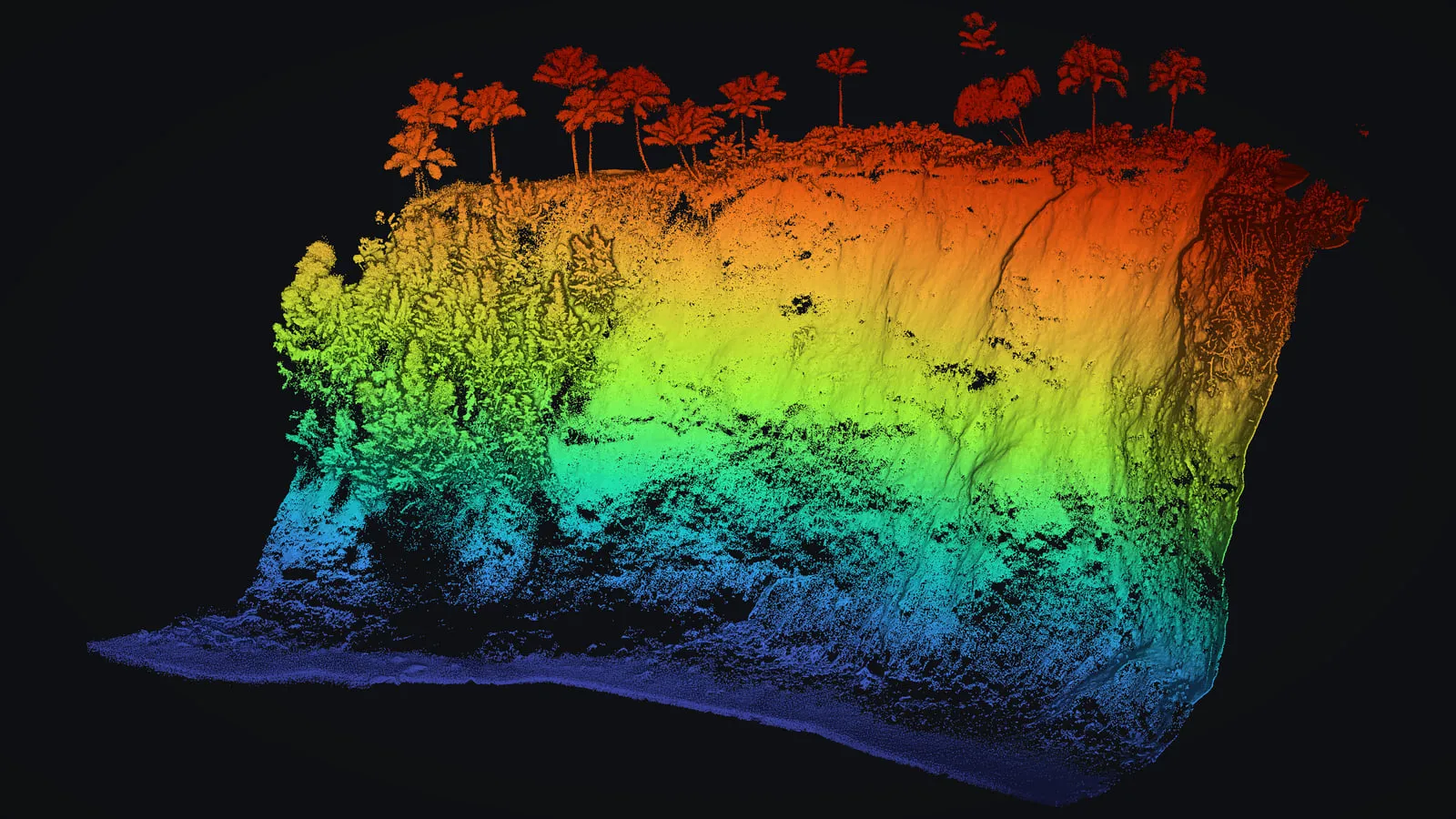The sea cliff seen low along its face, every LiDAR return colored by height from blue at the water through green and yellow to red at the top edge, with palms along the brink.