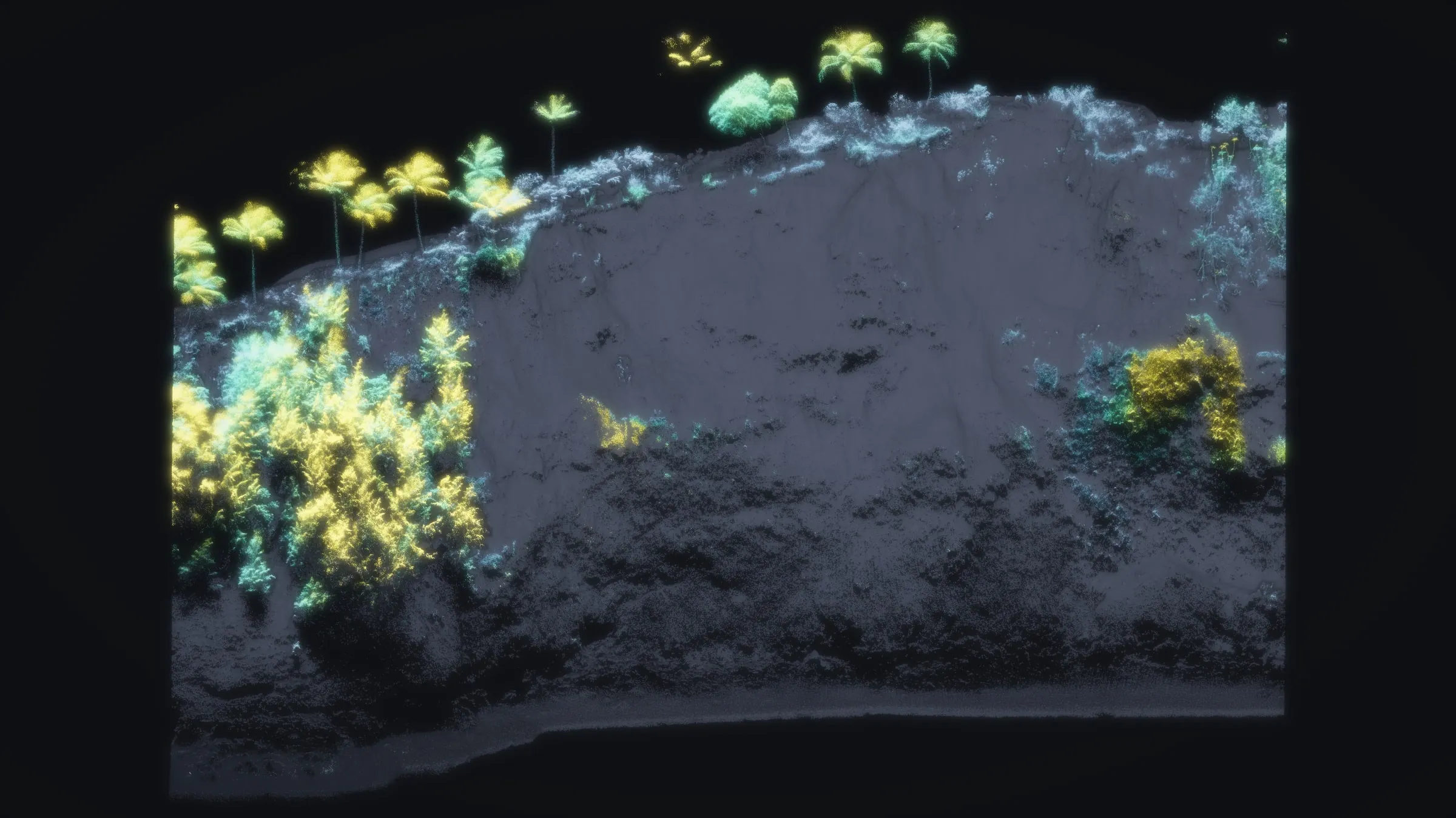 The cliff face as a dim gray relief with the plants on it and the palms on the top edge glowing in cyan and yellow.