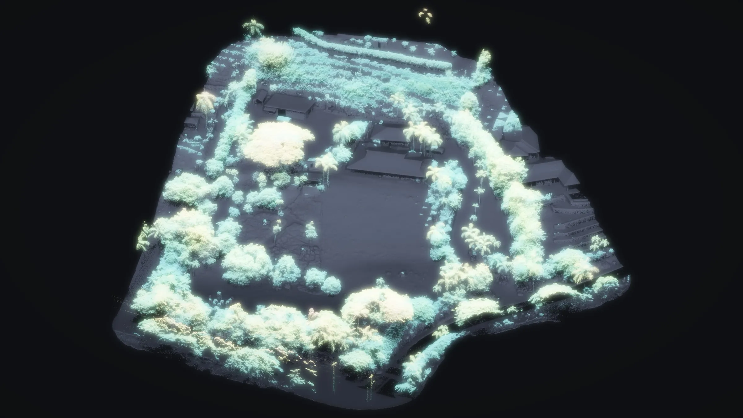 The point cloud as light looking uphill: every return 2 m or more above the ground glowing mint through butter to peach with its height, over a dim relief.