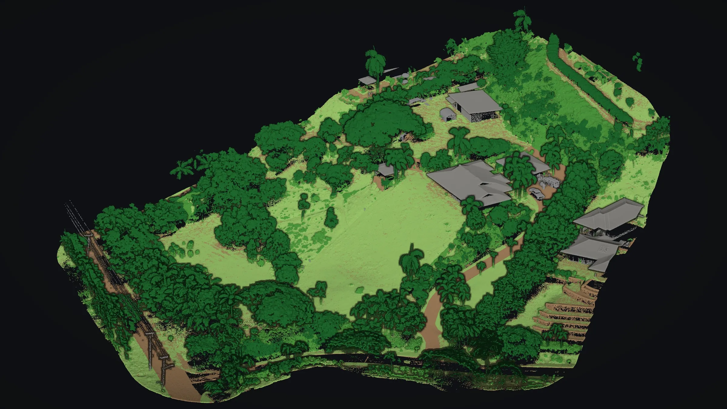 The classified point cloud in 3D from the south west: ground in tan, trees in green, buildings in gray.