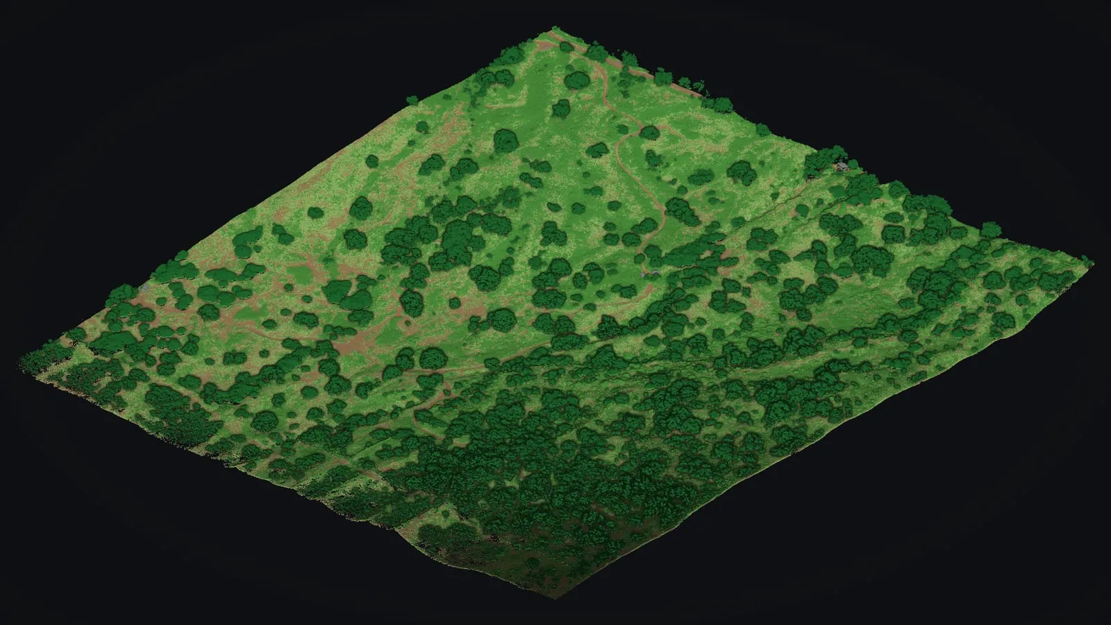 Classified drone LiDAR point cloud of the whole Kēōkea site in 3D, with trees in dark green standing over grassy ground and red dirt tracks.