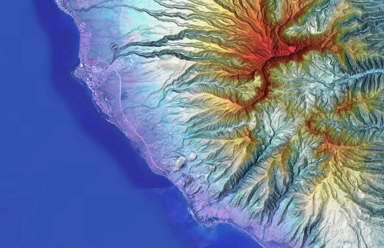 Colored elevation model of the West Maui Mountains and Puʻu Kukui terrain on Maui.