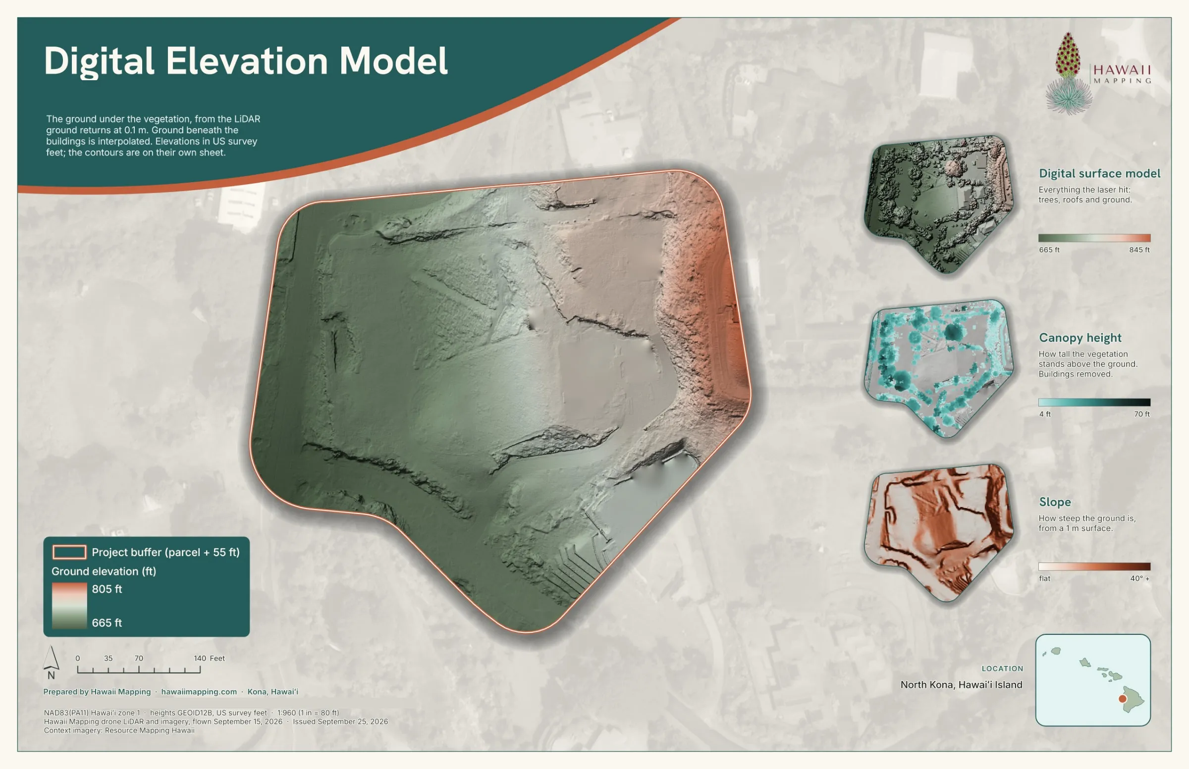 A delivered bare earth map sheet: the ground under the trees shaded green low to clay high.