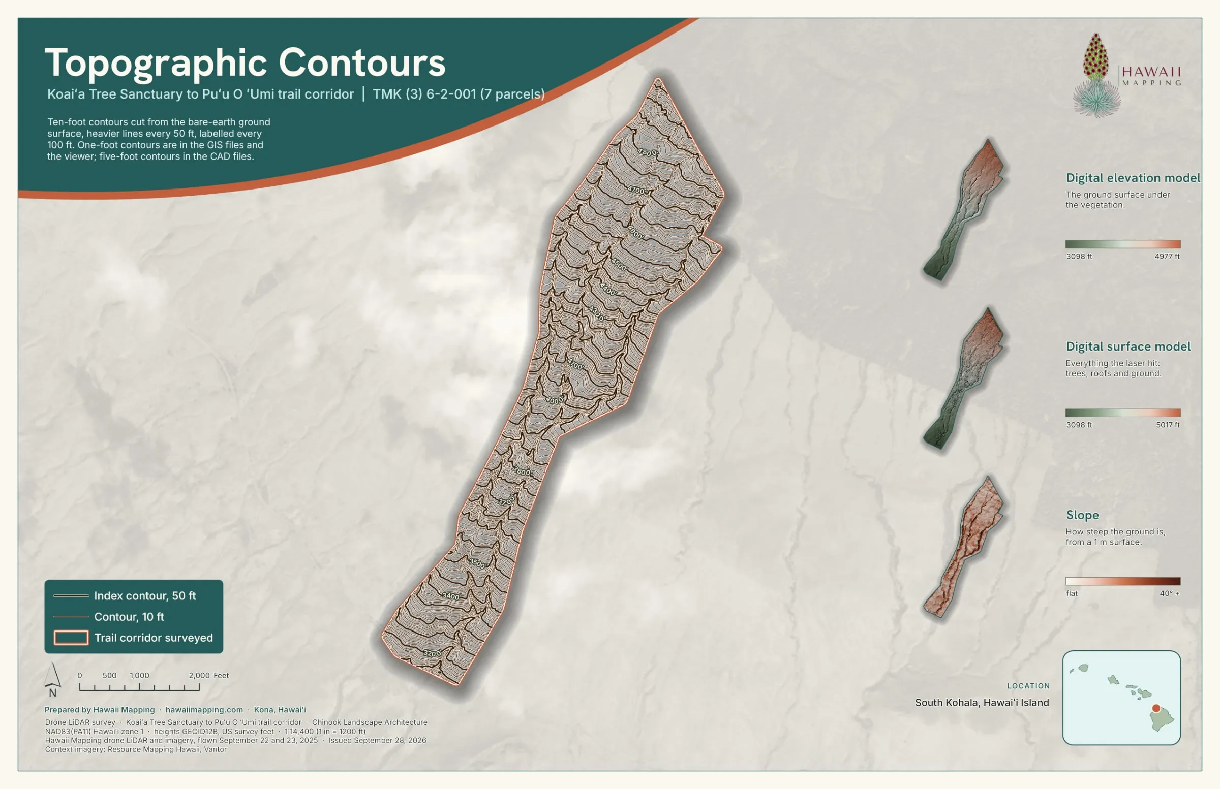 Our topographic contours map sheet of the Koaiʻa trail corridor on the Kohala slopes, contours every 10 ft over the bare earth.