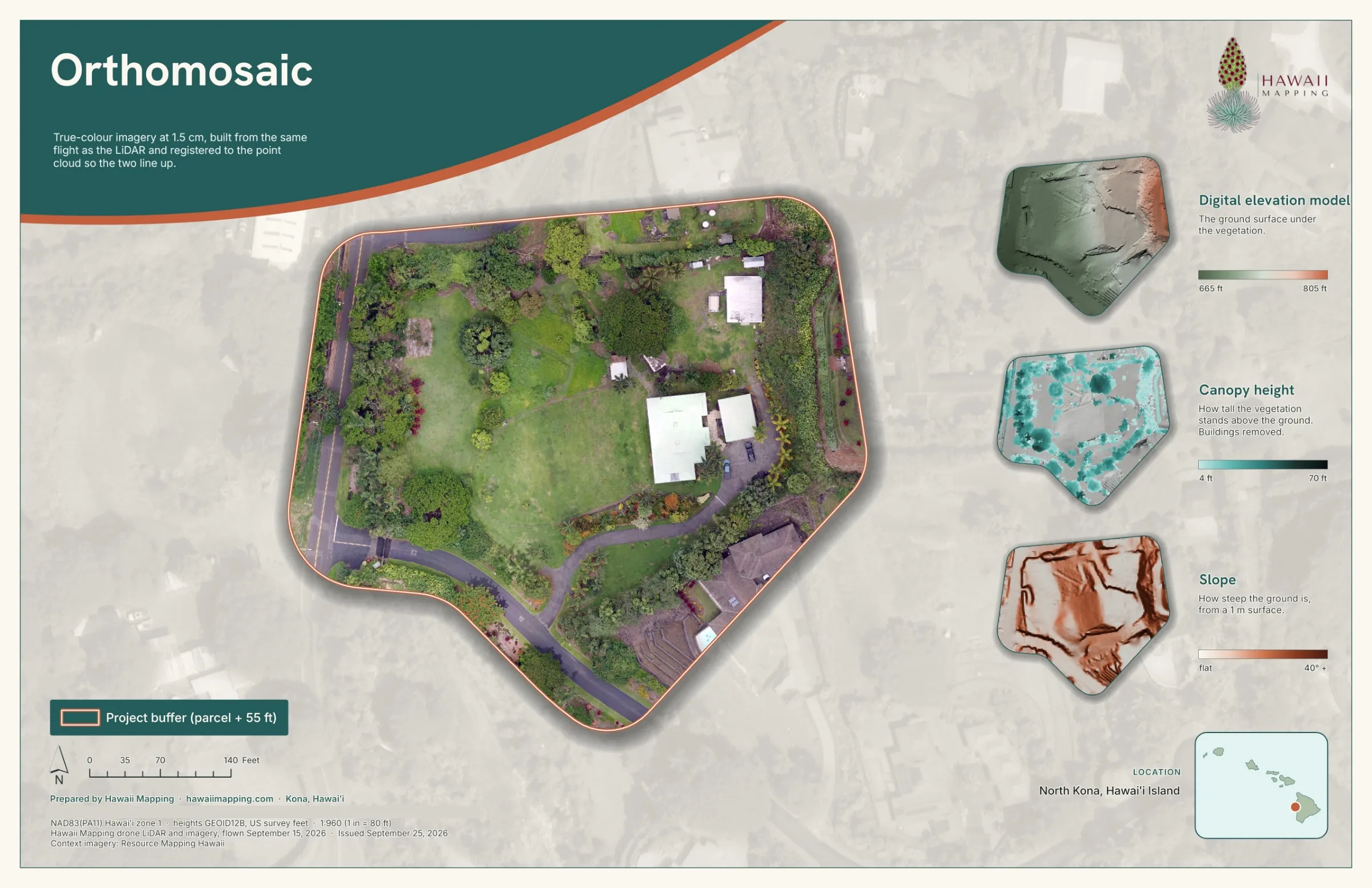 The delivered orthomosaic sheet: the parcel photographed from the air at 1.5 cm, inside the mapped boundary.