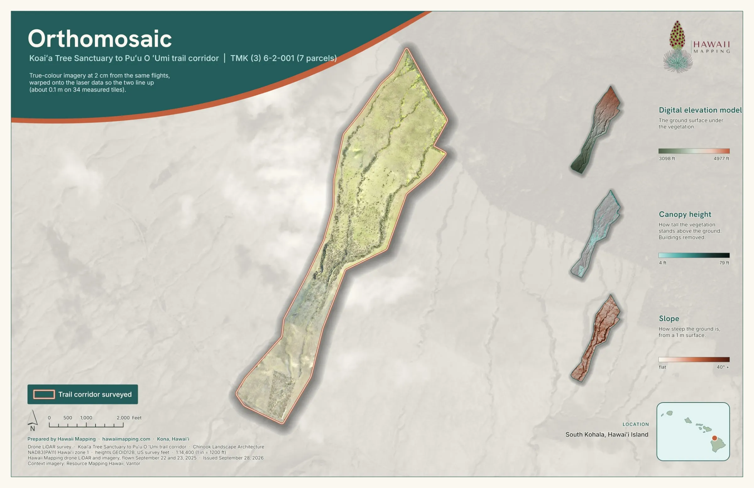 A delivered orthomosaic map sheet of the Koaiʻa trail corridor.