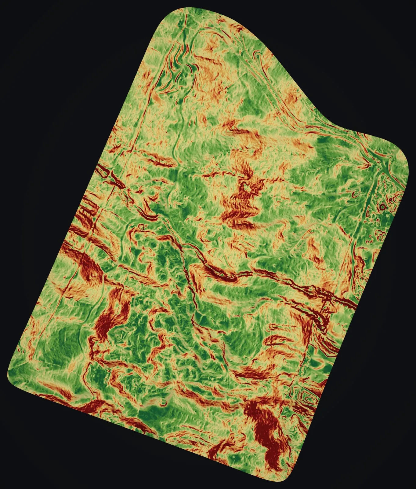 Slope map of a farm site at Kēōkea in Kula, Maui, shaded from gentle ground in green to steep banks in dark red, which marks about 27 degrees, a grade near 50 percent, and steeper.