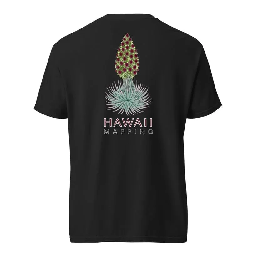 Back of a black Comfort Colors tee printed with the full color flowering ʻāhinahina above the Hawaii Mapping wordmark