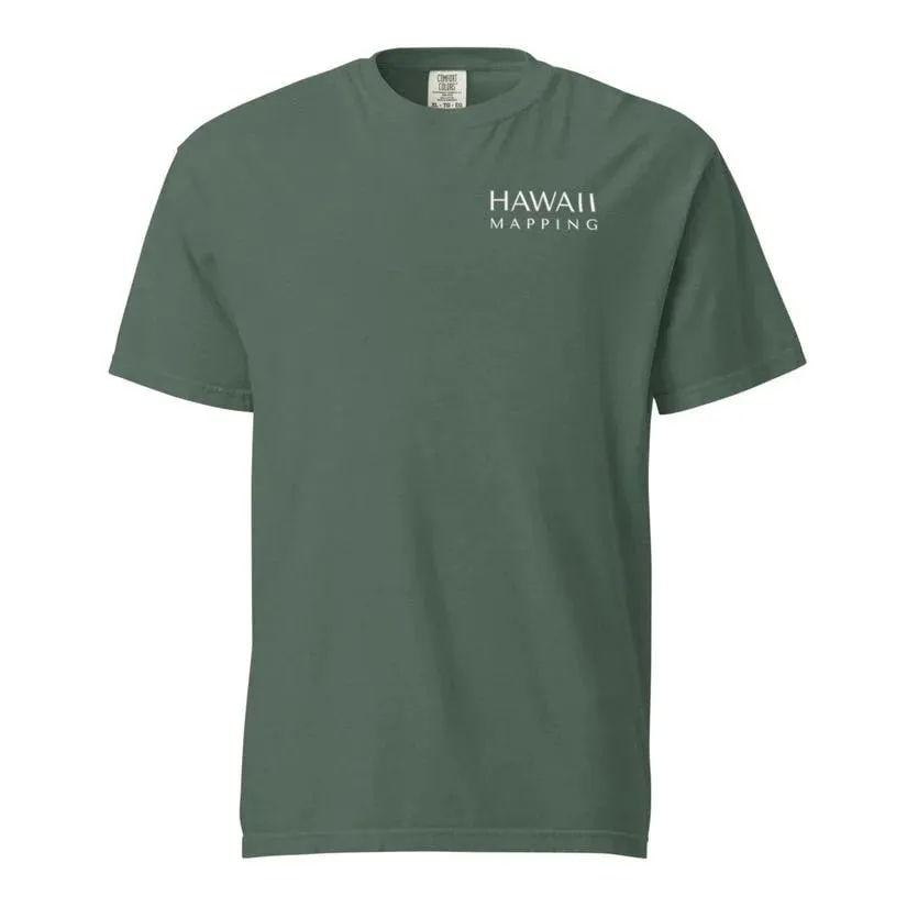 Front of a Blue Spruce green Comfort Colors tee with the small Hawaii Mapping wordmark on the left chest