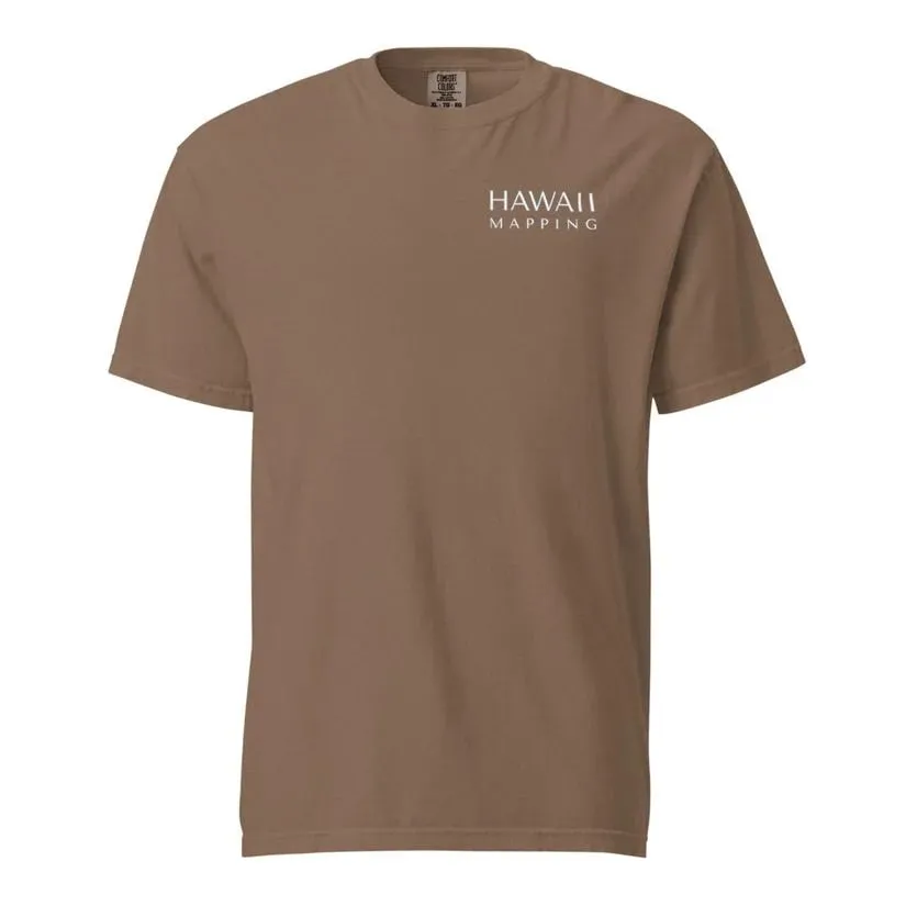 Front of an Espresso brown Comfort Colors tee with the small Hawaii Mapping wordmark on the left chest