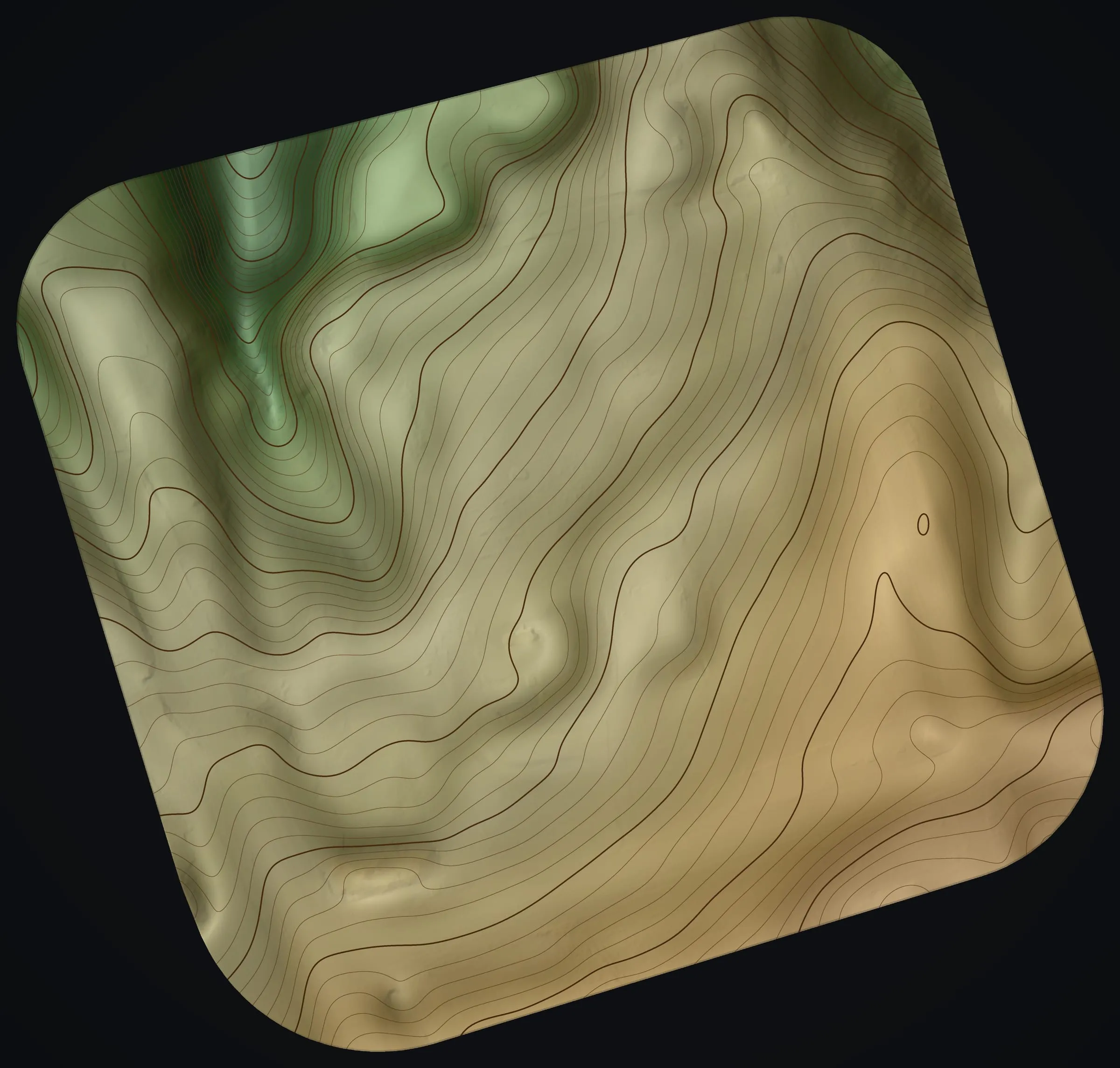 Shaded relief of the Haʻikū site in soft greens and tans, with unlabeled contours every 1 ft bending around a gully in the upper corner.