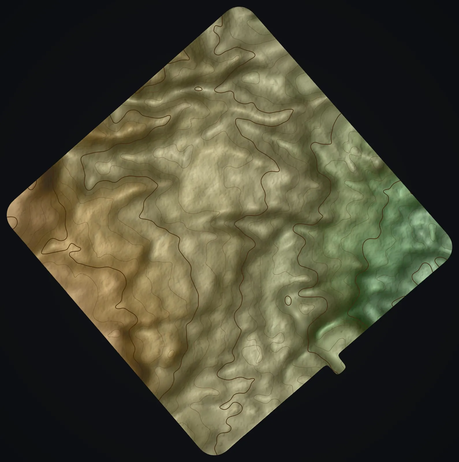 The same lot as a shaded relief sheet in soft tans and greens, with unlabeled contours every 5 ft, the ridges and hollows of old lava flows standing out beneath where the trees were.