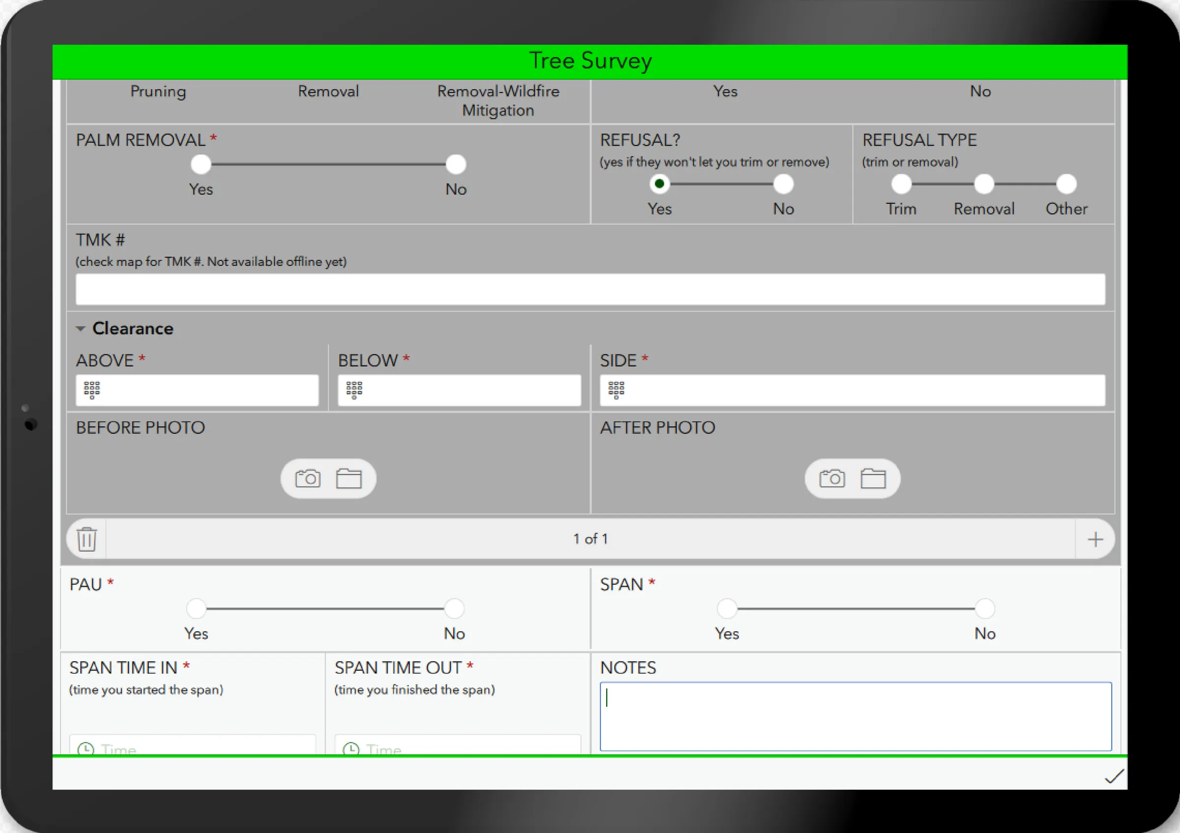 The crews' Survey123 tree form on an iPad, with fields for work type, refusal, clearance above, below and to the side, and before and after photos.