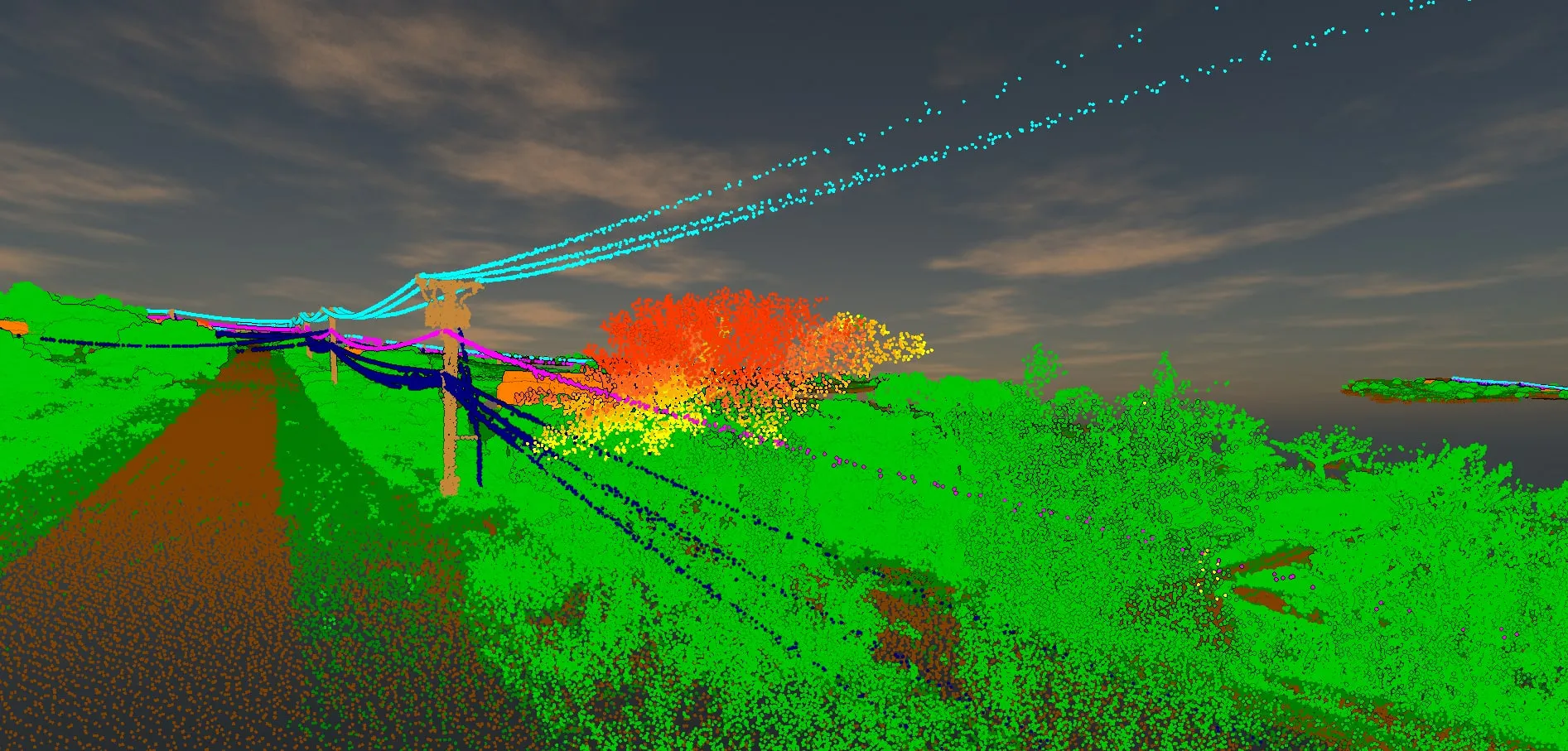 Point cloud of a single tree growing up into a power line span, highlighted in red and orange against green vegetation and blue conductors.