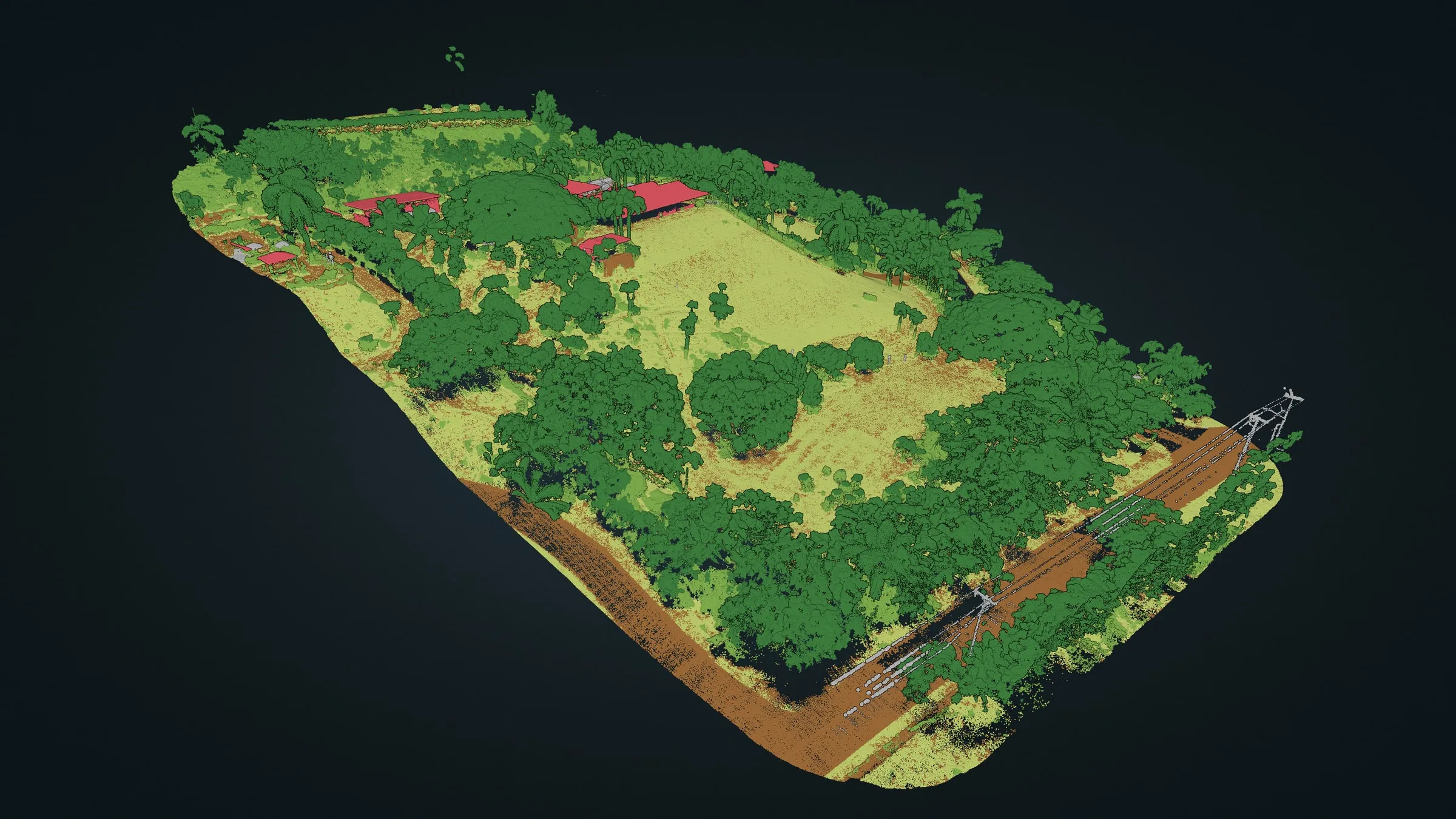 The classified point cloud in the online viewer from the north west: ground in brown, vegetation in greens, buildings in red.