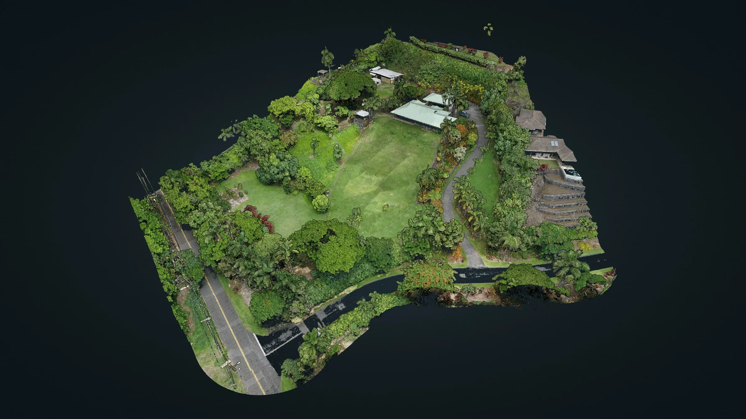 Drone LiDAR point cloud of a terraced hillside lot in North Kona in true color, seen in 3D in our online viewer.