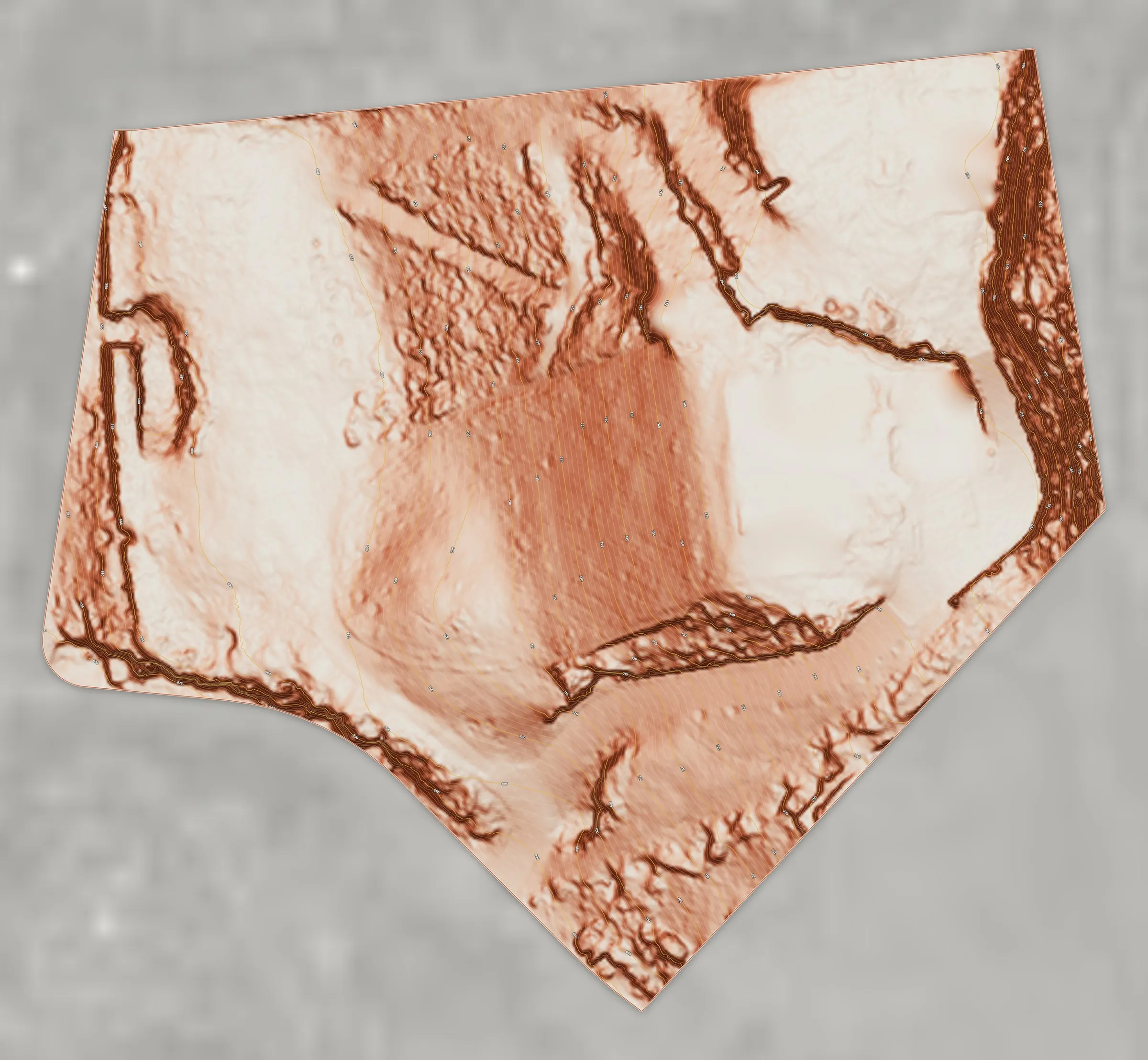 The online viewer map of slope inside the property, bone on flat ground to clay on the steepest banks, with 1 ft contours.
