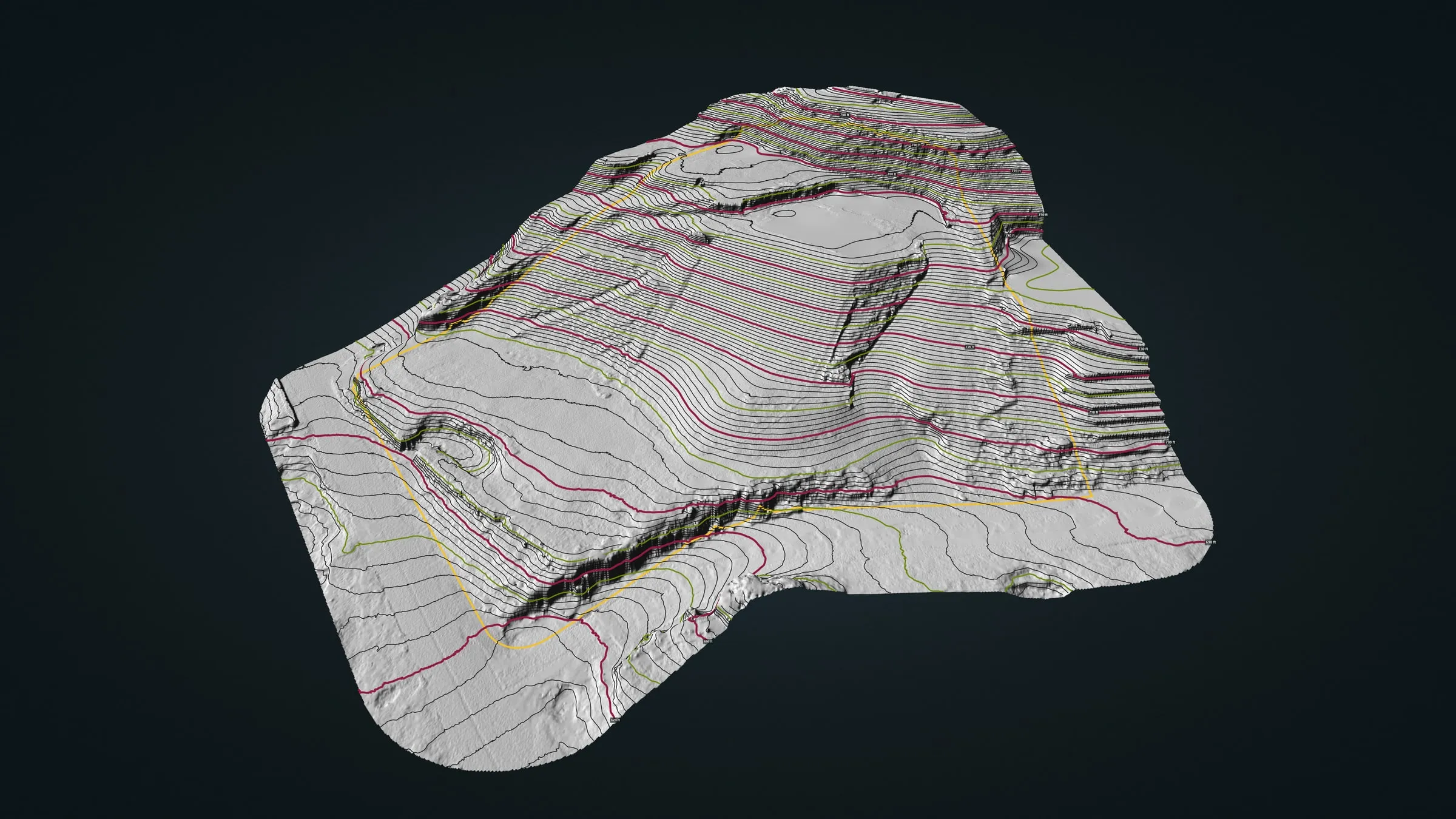 The bare ground of the parcel in 3D, gray shaded relief with thin contour lines every foot, heavier gold and red lines every five and ten feet.