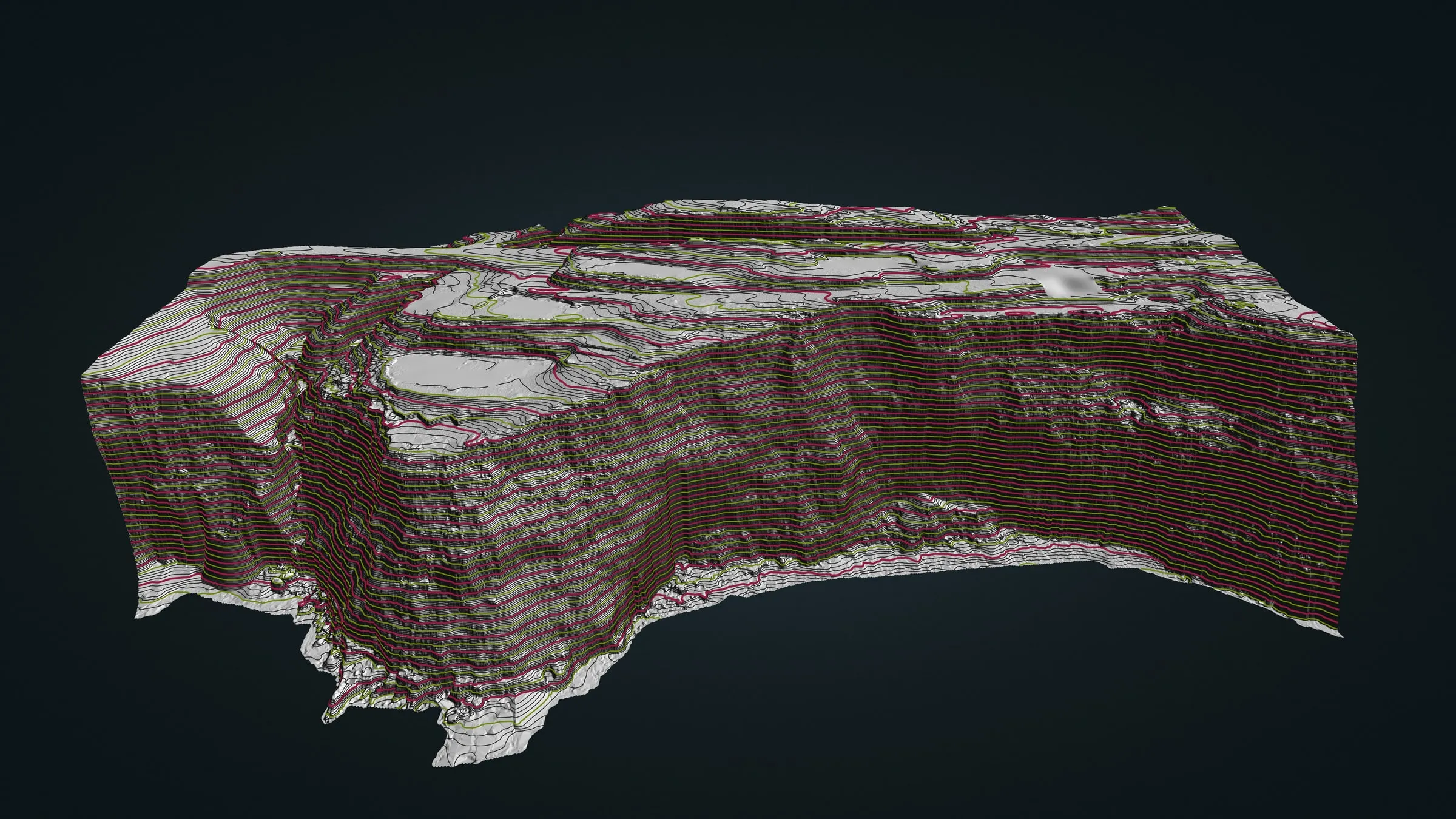 The bare earth of the cliff in 3D in our online viewer: the face drops as a wall striped with contour lines every foot, flat ground along the top edge.