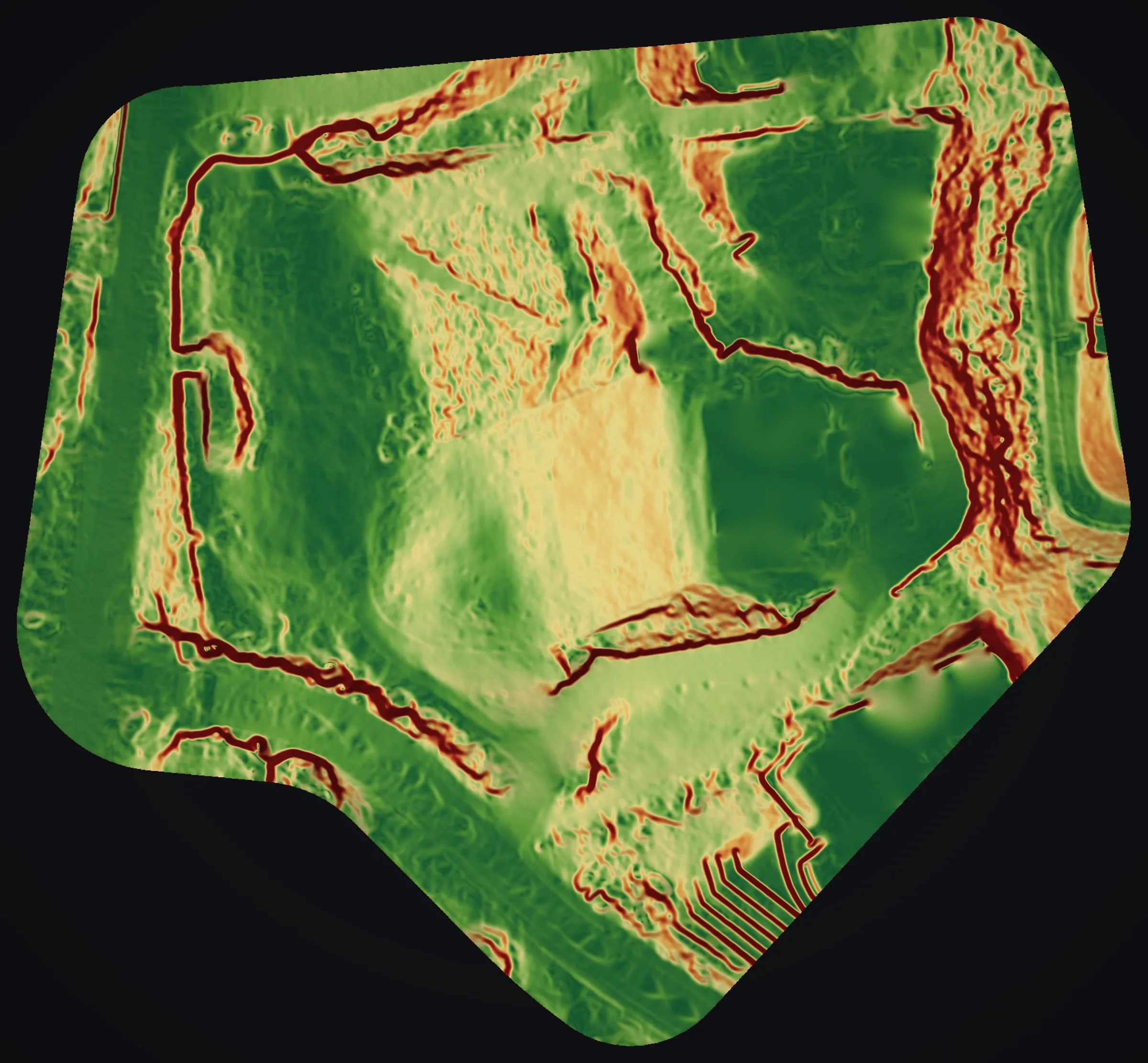 Slope across a whole hillside parcel, green where gentle and dark red on the steepest cuts.