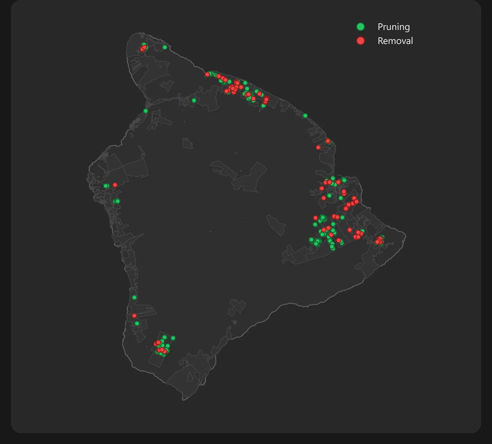 A dark map of Hawaiʻi Island with 596 storm work locations plotted as green and red dots.